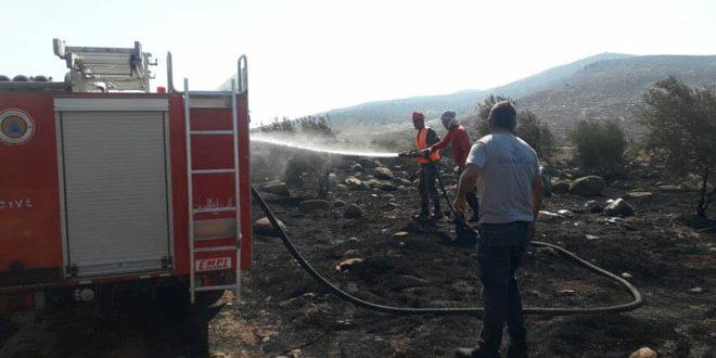 إخماد حريق بأراض زراعية في قرية بلوزة بريف حمص