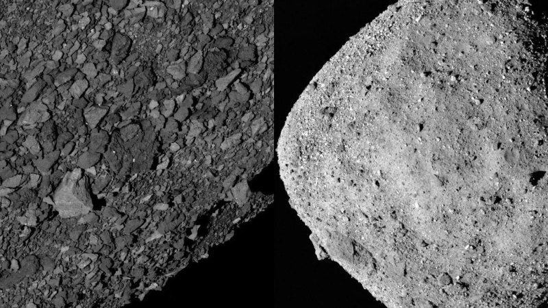 صورة فسيفسائية للكويكب "بينو"، التقطتها مركبة "أوسيريس- ريكس" في ديسمبر 2018، يظهر فيها أن عرض الكويكب يبلغ نحو 488 متراً وأخرى التقطت في مارس 2019، ويبدو فيها جنوب الكويكب وامتداد الفضاء المحيط به (ناسا/ مركز "غودارد"/ "جامعة أريزونا")